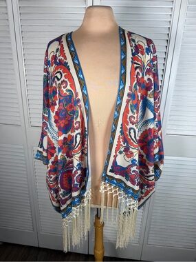 Flying Tomato Boho Paisley Fringe Kimono Cardigan Open Front Festival OS